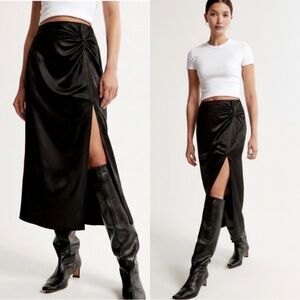 Abercrombie & Fitch Luxe Black Satin Side Knot Midi Skirt Viscose Blend Sz Small